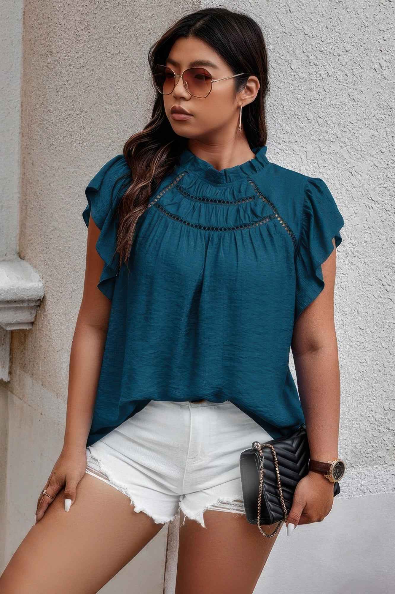 Plus Hollow Out Frill Collar Cap Sleeves Shirt