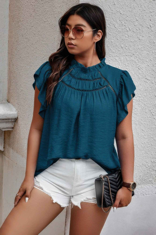 Plus Hollow Out Frill Collar Cap Sleeves Shirt