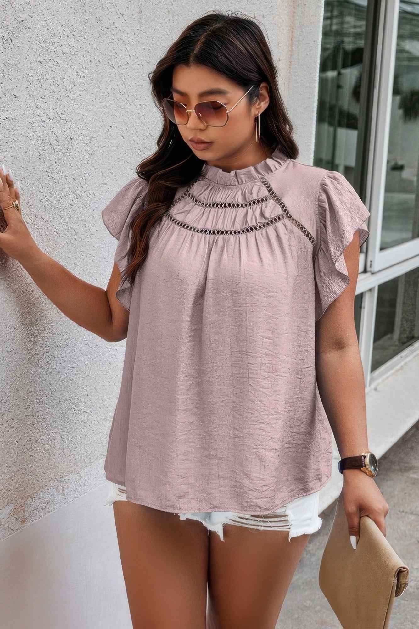 Plus Hollow Out Frill Collar Cap Sleeves Shirt