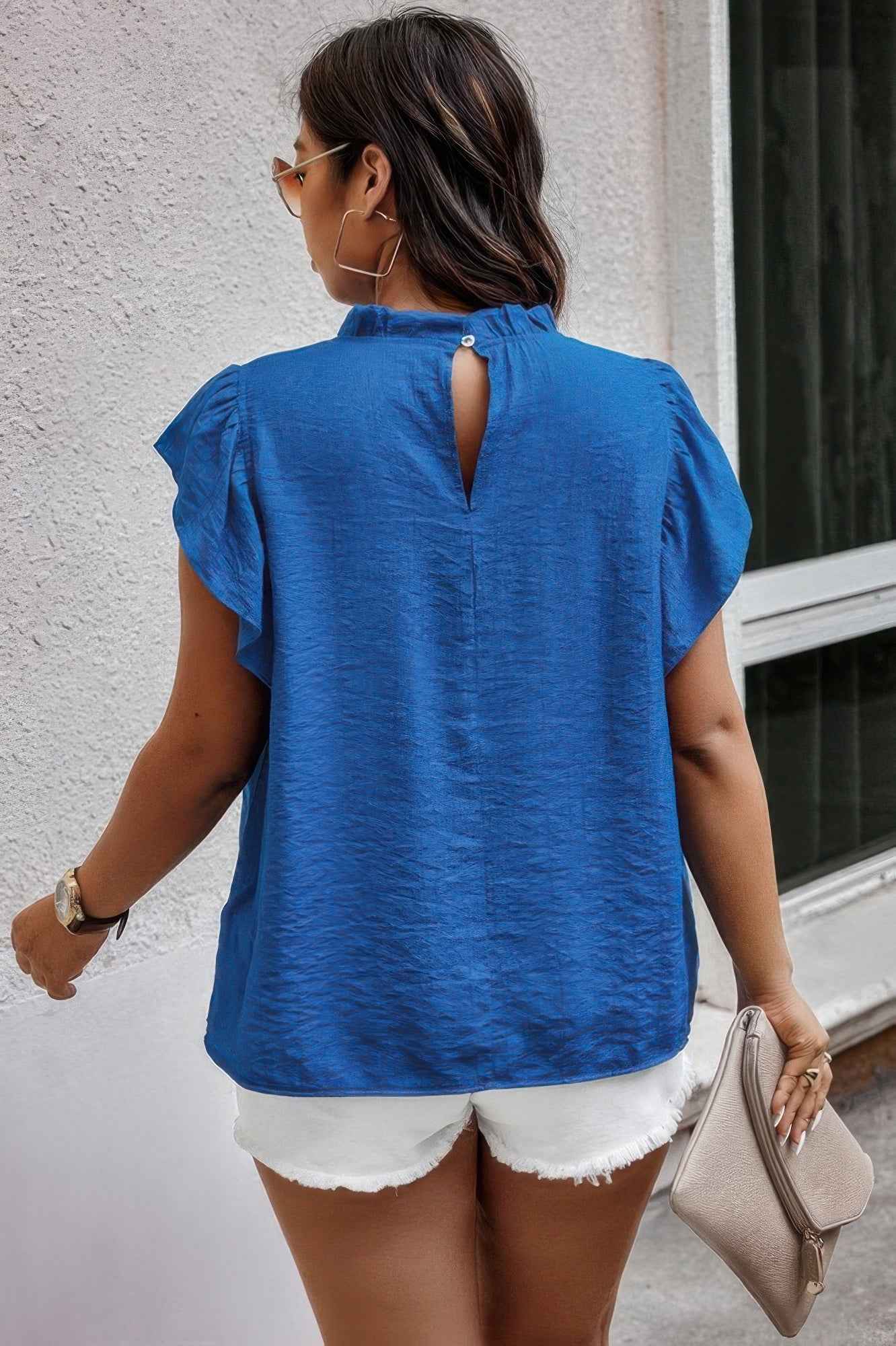 Plus Hollow Out Frill Collar Cap Sleeves Shirt