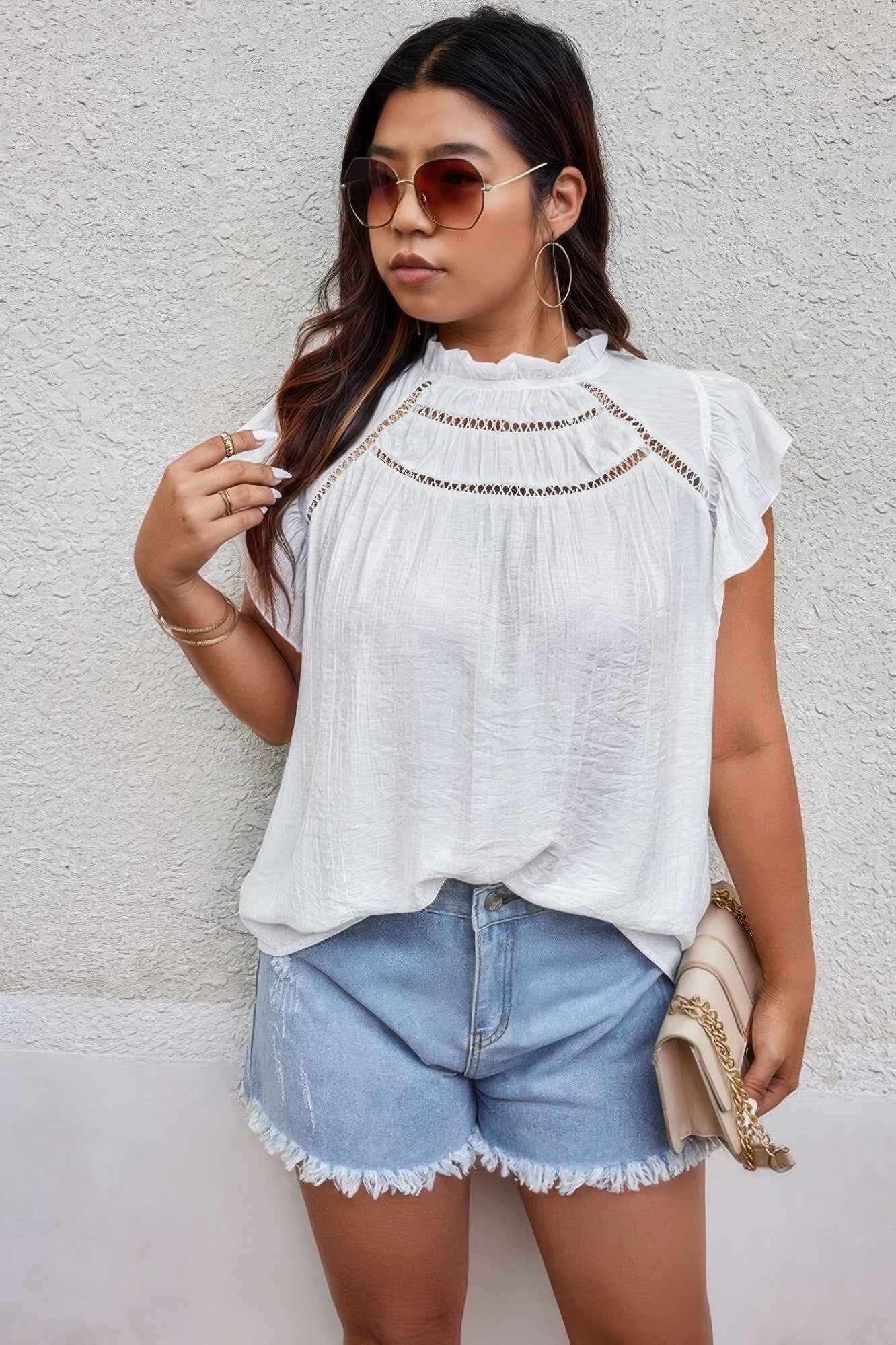 Plus Hollow Out Frill Collar Cap Sleeves Shirt