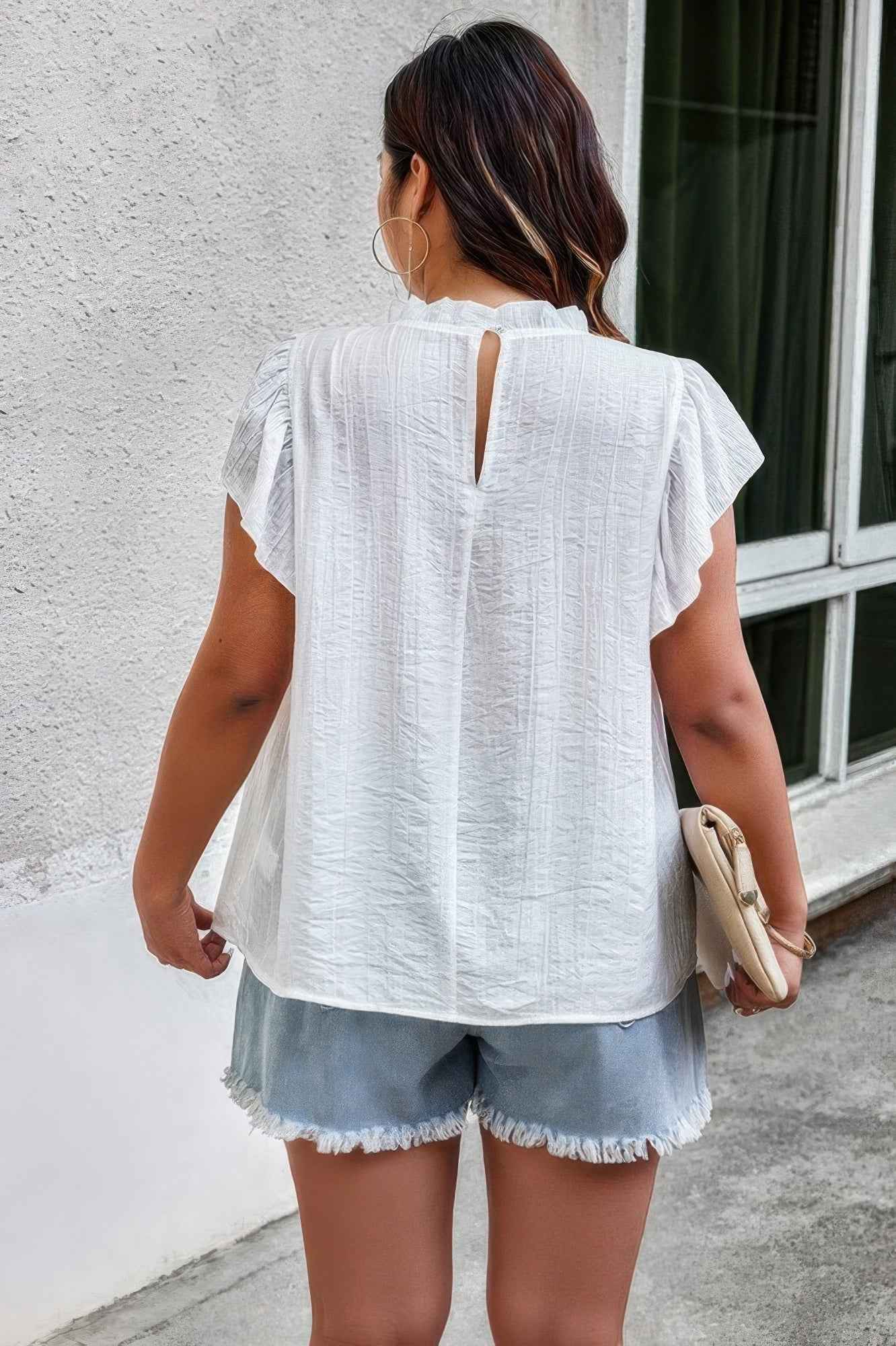 Plus Hollow Out Frill Collar Cap Sleeves Shirt