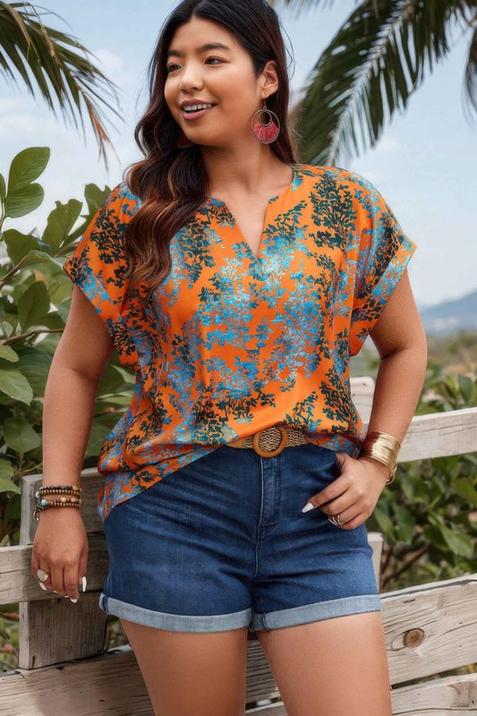 Plus Floral V Neck Batwing Sleeve Loose Shirt