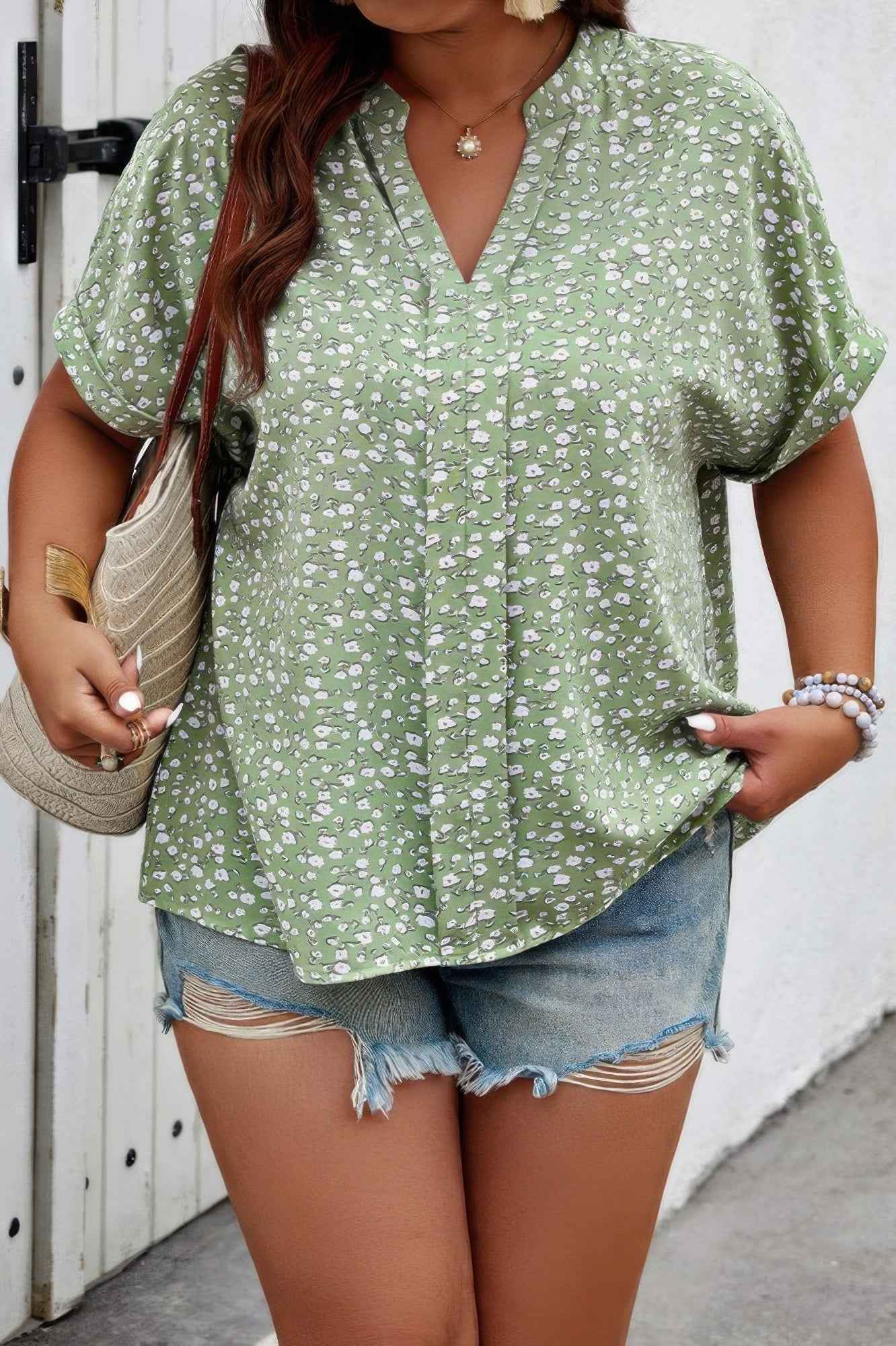 Plus Floral Print V Neck Short Sleeve Loose Blouse