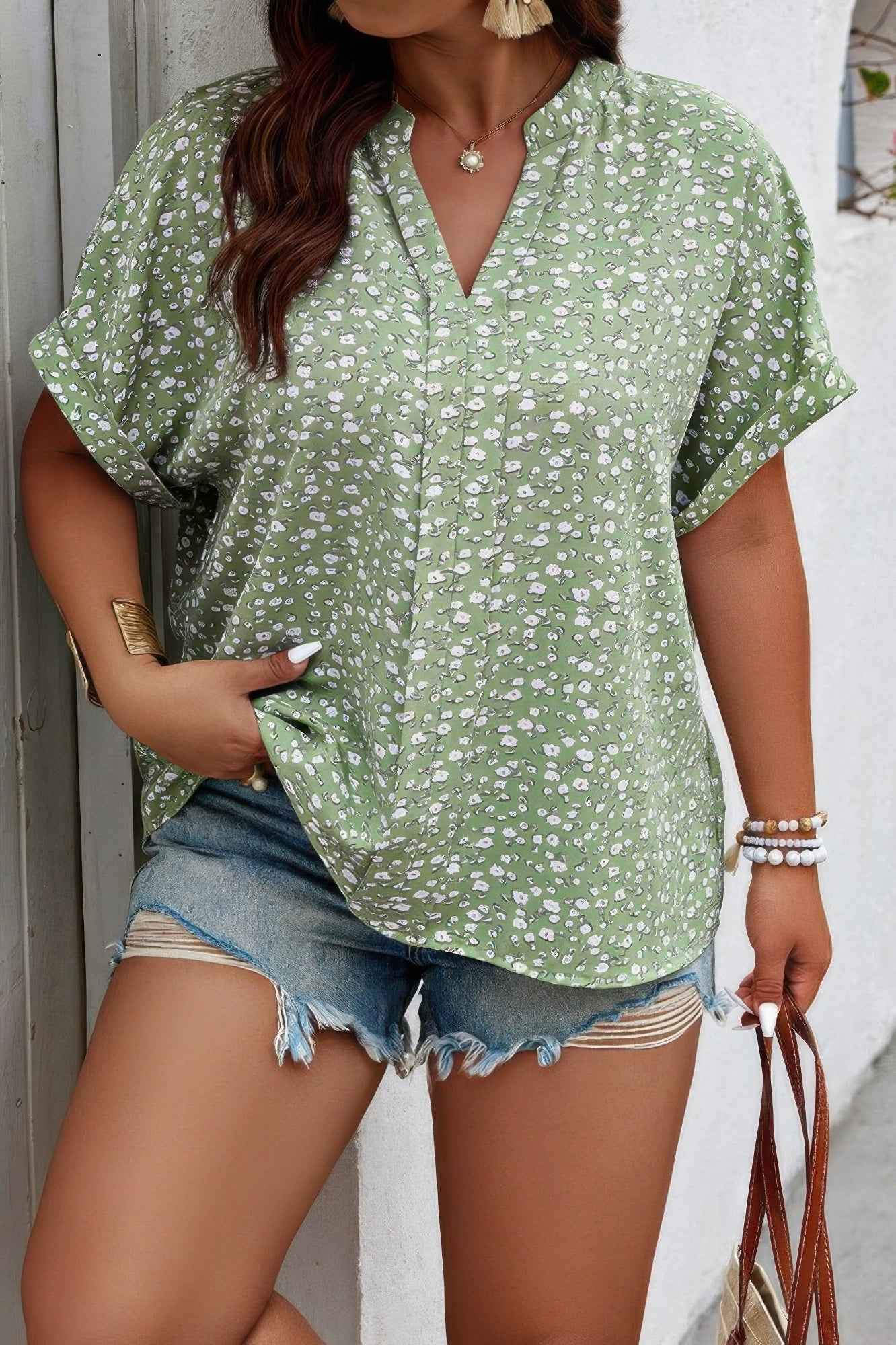 Plus Floral Print V Neck Short Sleeve Loose Blouse