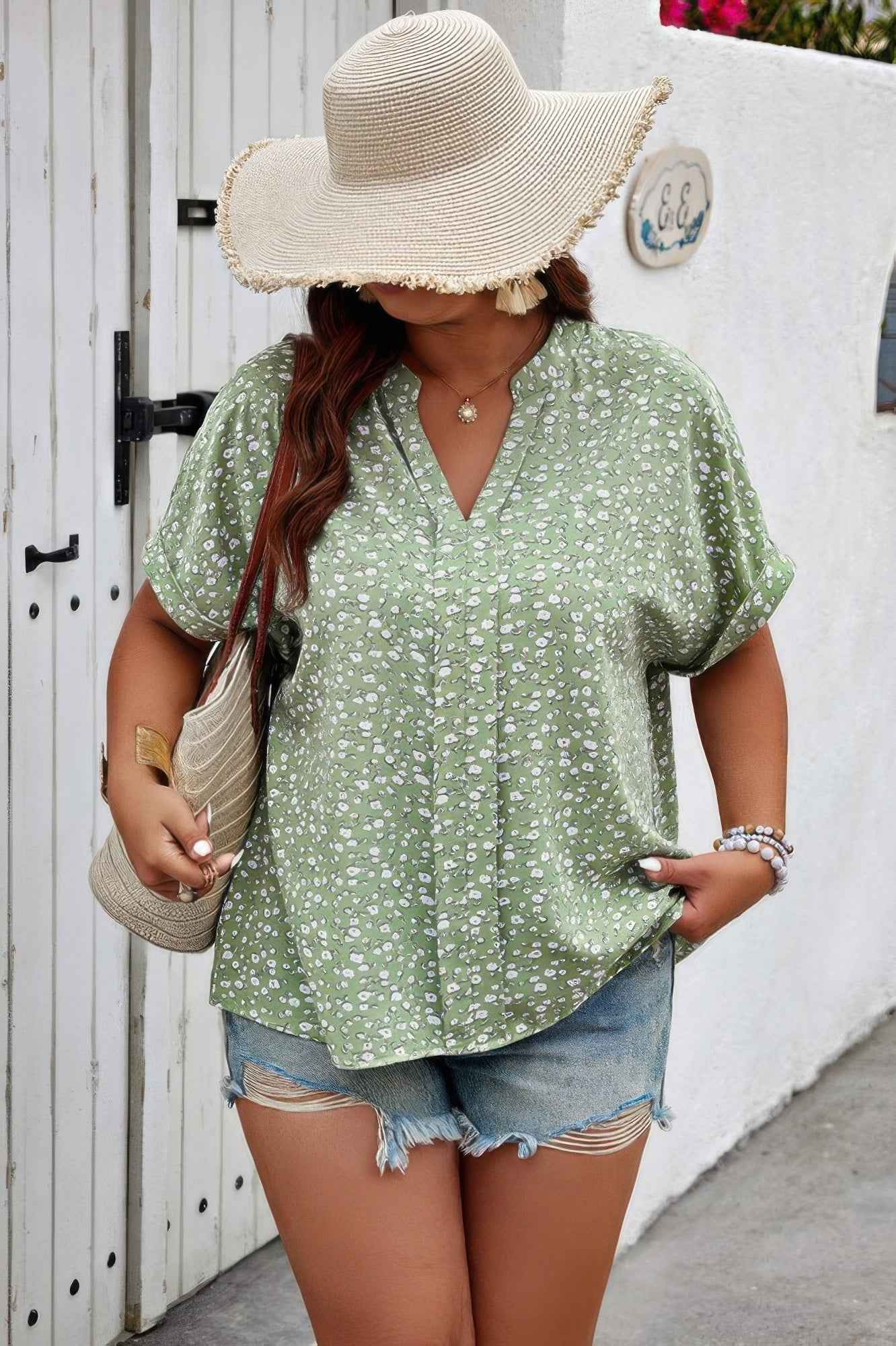 Plus Floral Print V Neck Short Sleeve Loose Blouse