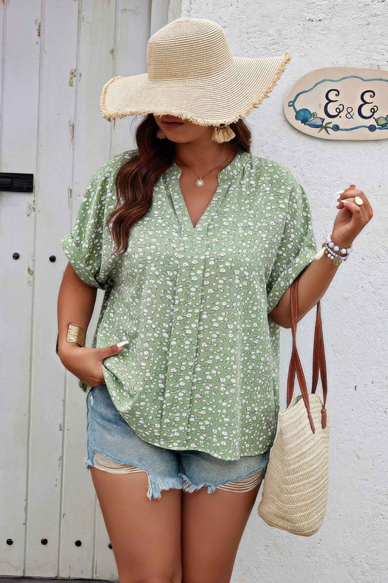 Plus Floral Print V Neck Short Sleeve Loose Blouse