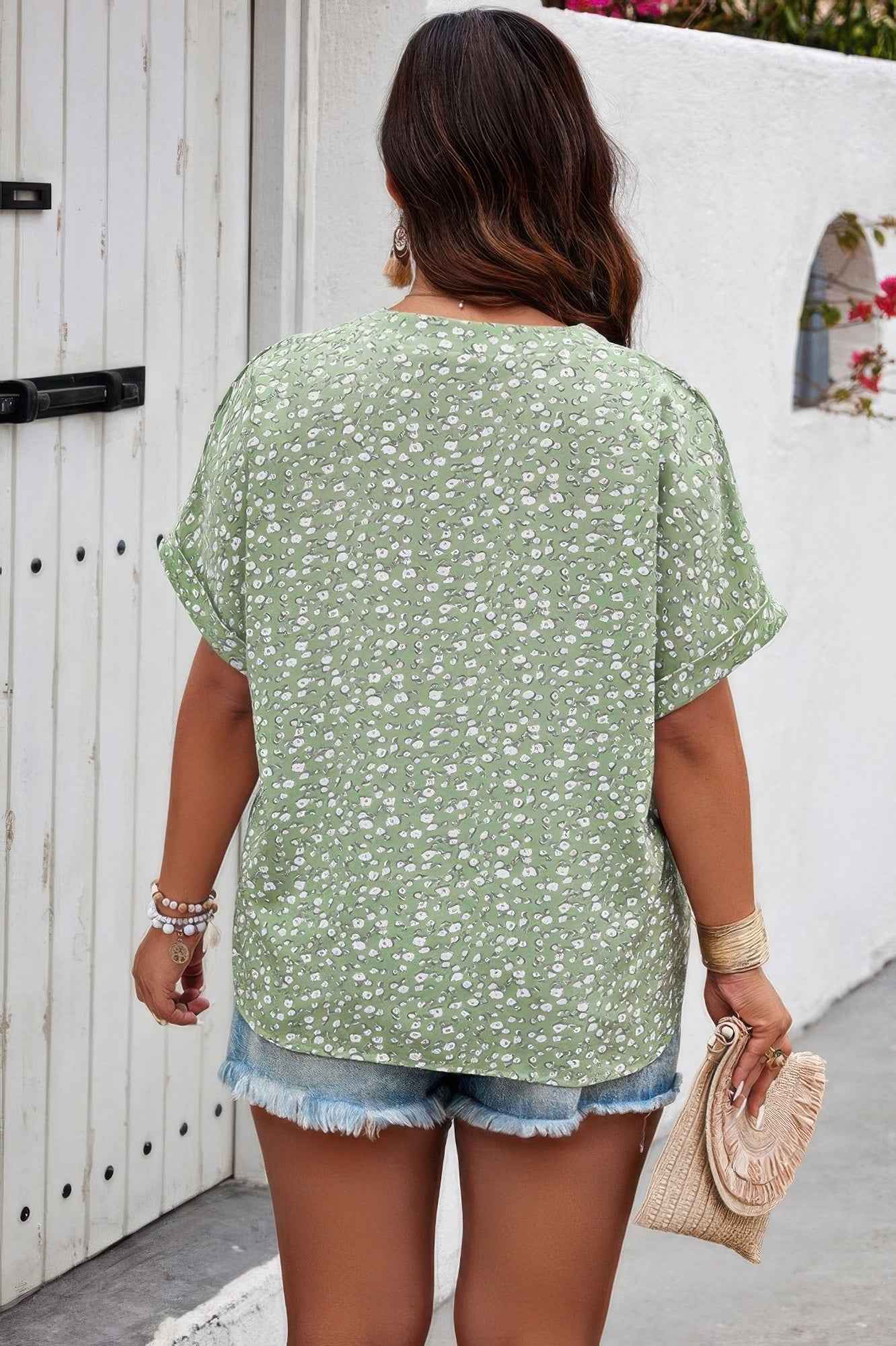Plus Floral Print V Neck Short Sleeve Loose Blouse