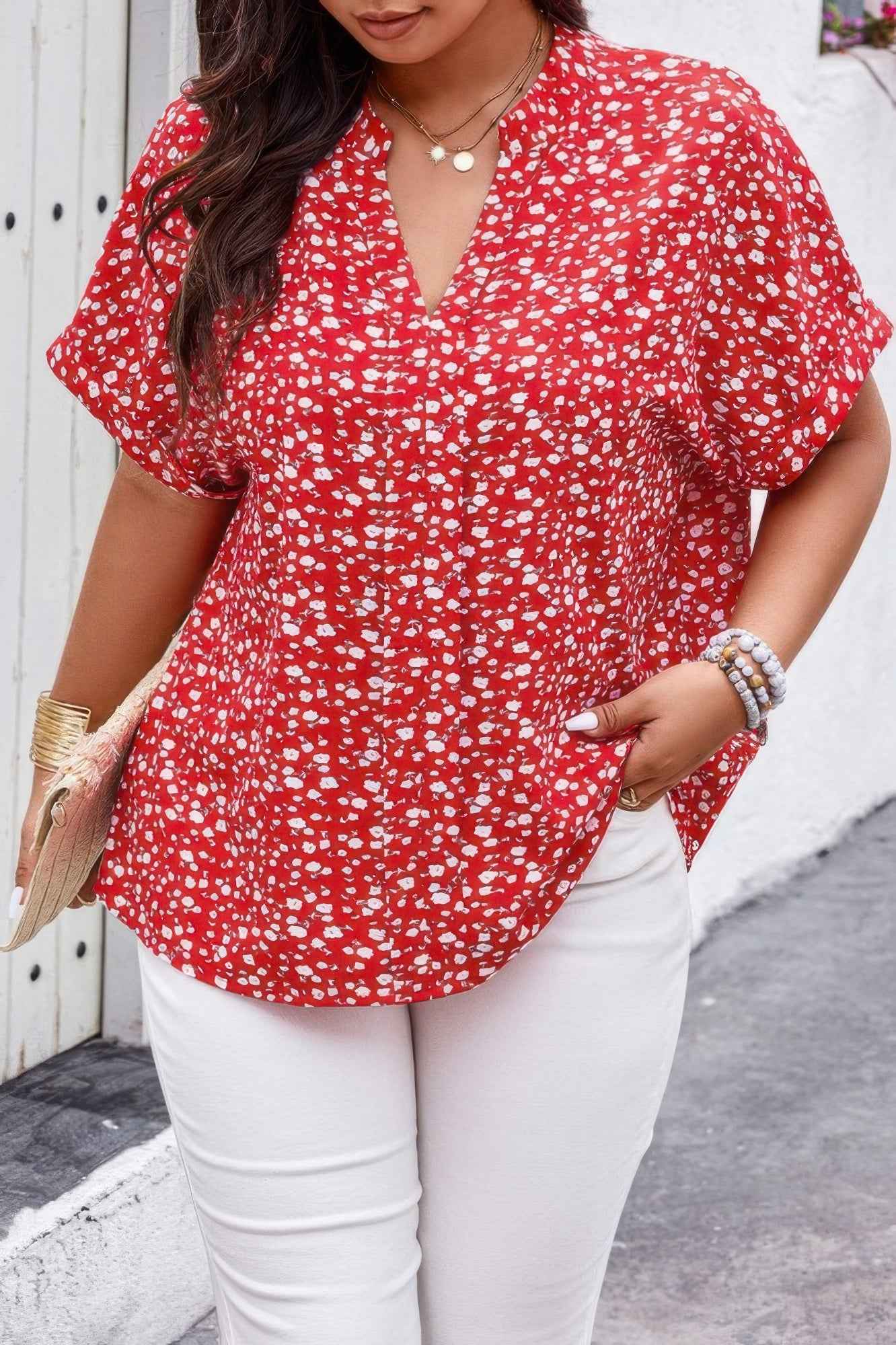 Plus Floral Print V Neck Short Sleeve Loose Blouse