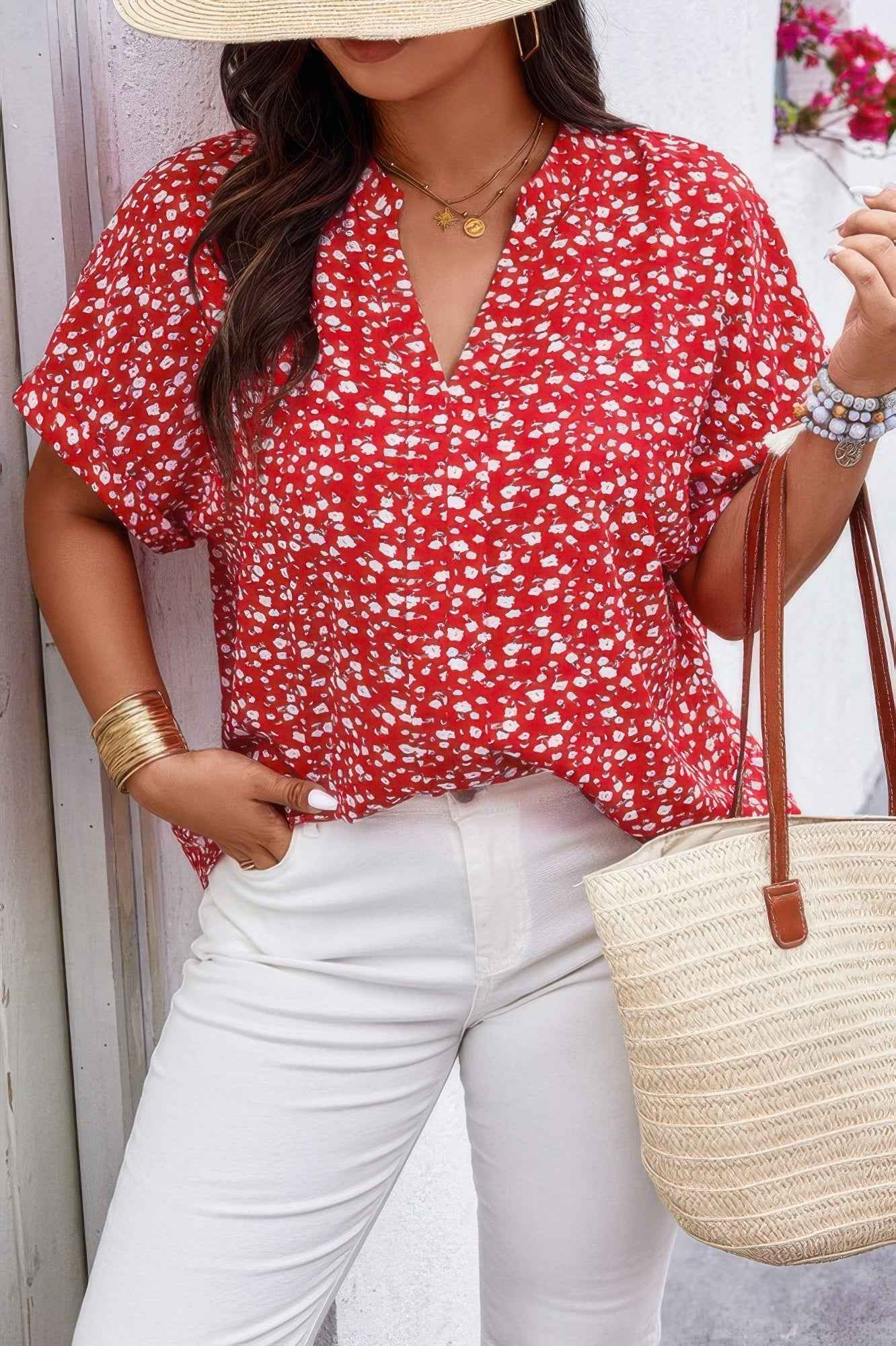 Plus Floral Print V Neck Short Sleeve Loose Blouse