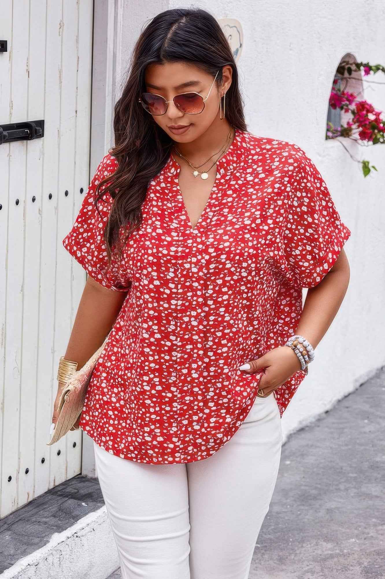 Plus Floral Print V Neck Short Sleeve Loose Blouse