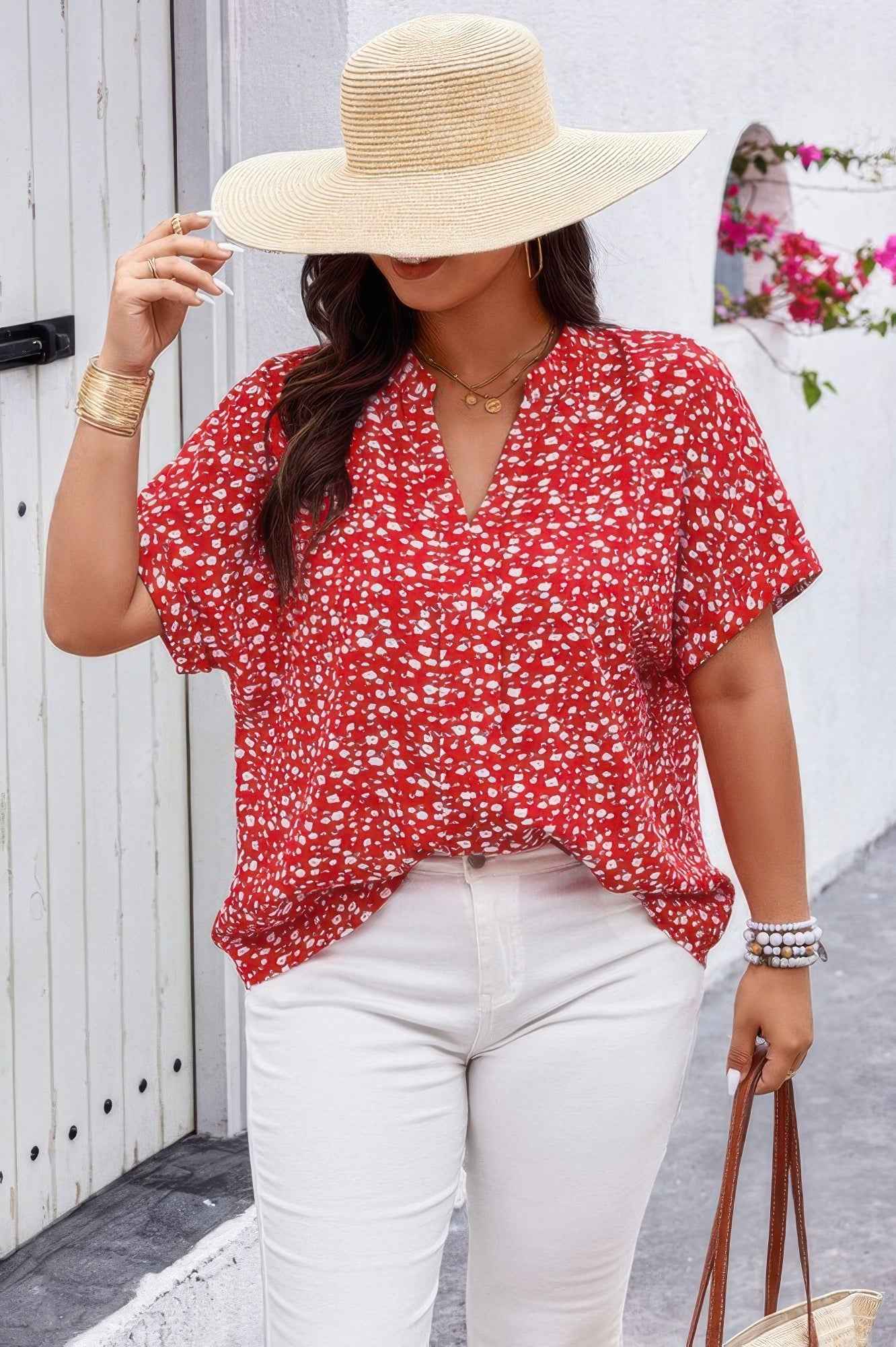 Plus Floral Print V Neck Short Sleeve Loose Blouse