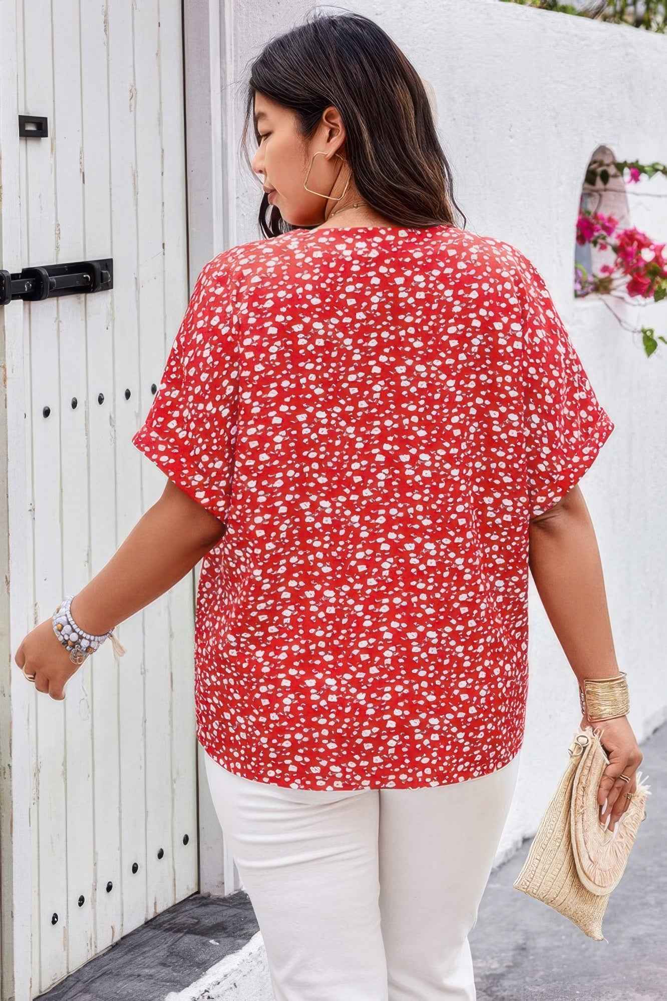 Plus Floral Print V Neck Short Sleeve Loose Blouse