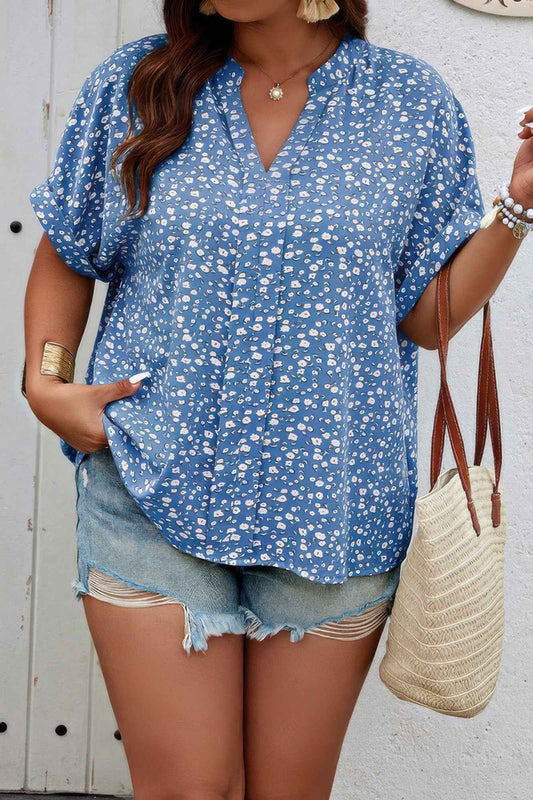 Plus Size Floral Print V Neck Short Sleeve Blouse