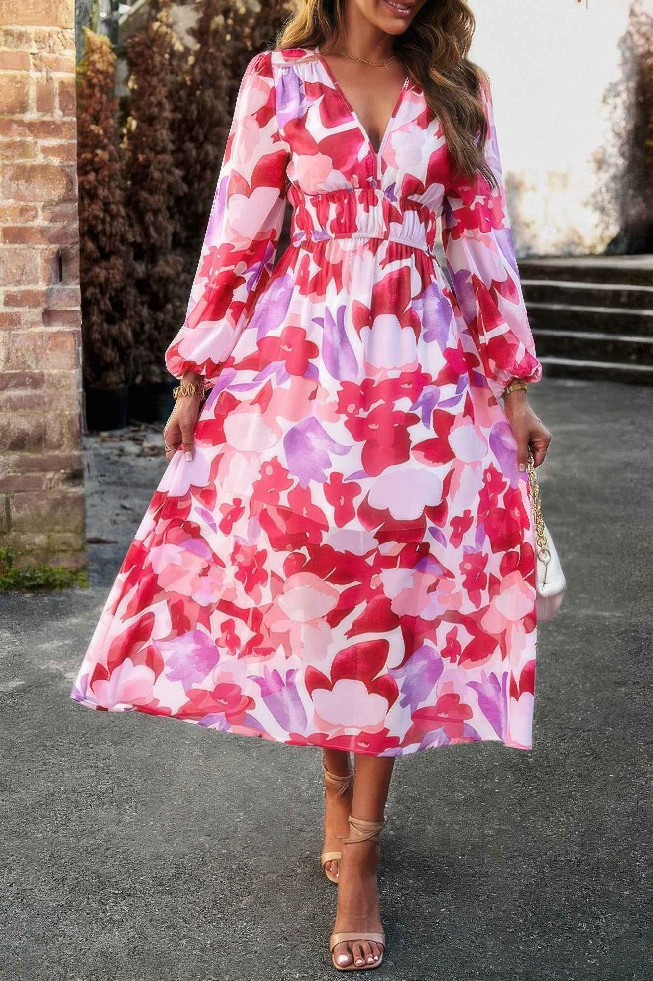 Boho V Neck A Line High Waist Long Sleeve Dress