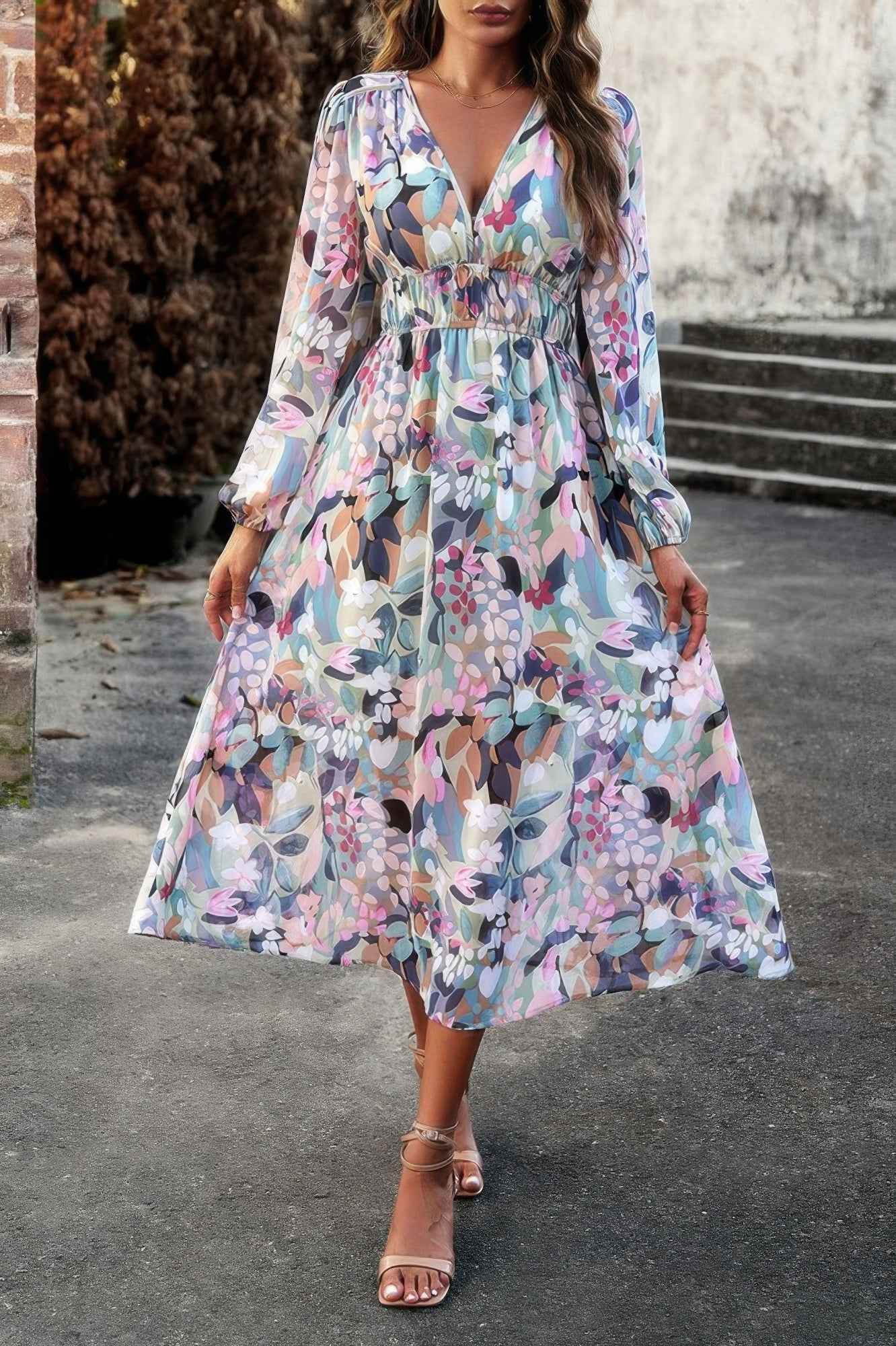 Boho V Neck A Line High Waist Long Sleeve Dress