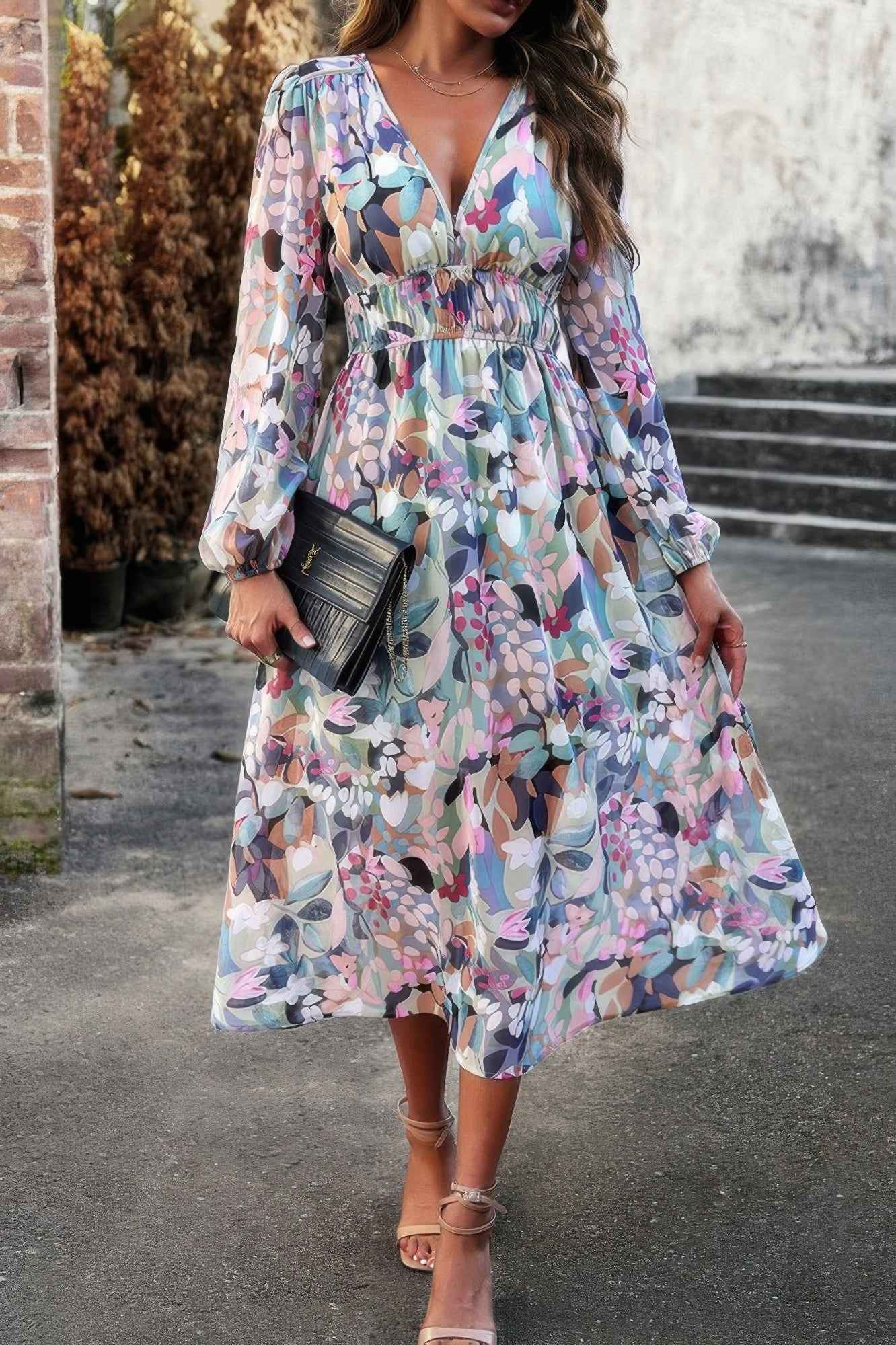 Boho V Neck A Line High Waist Long Sleeve Dress