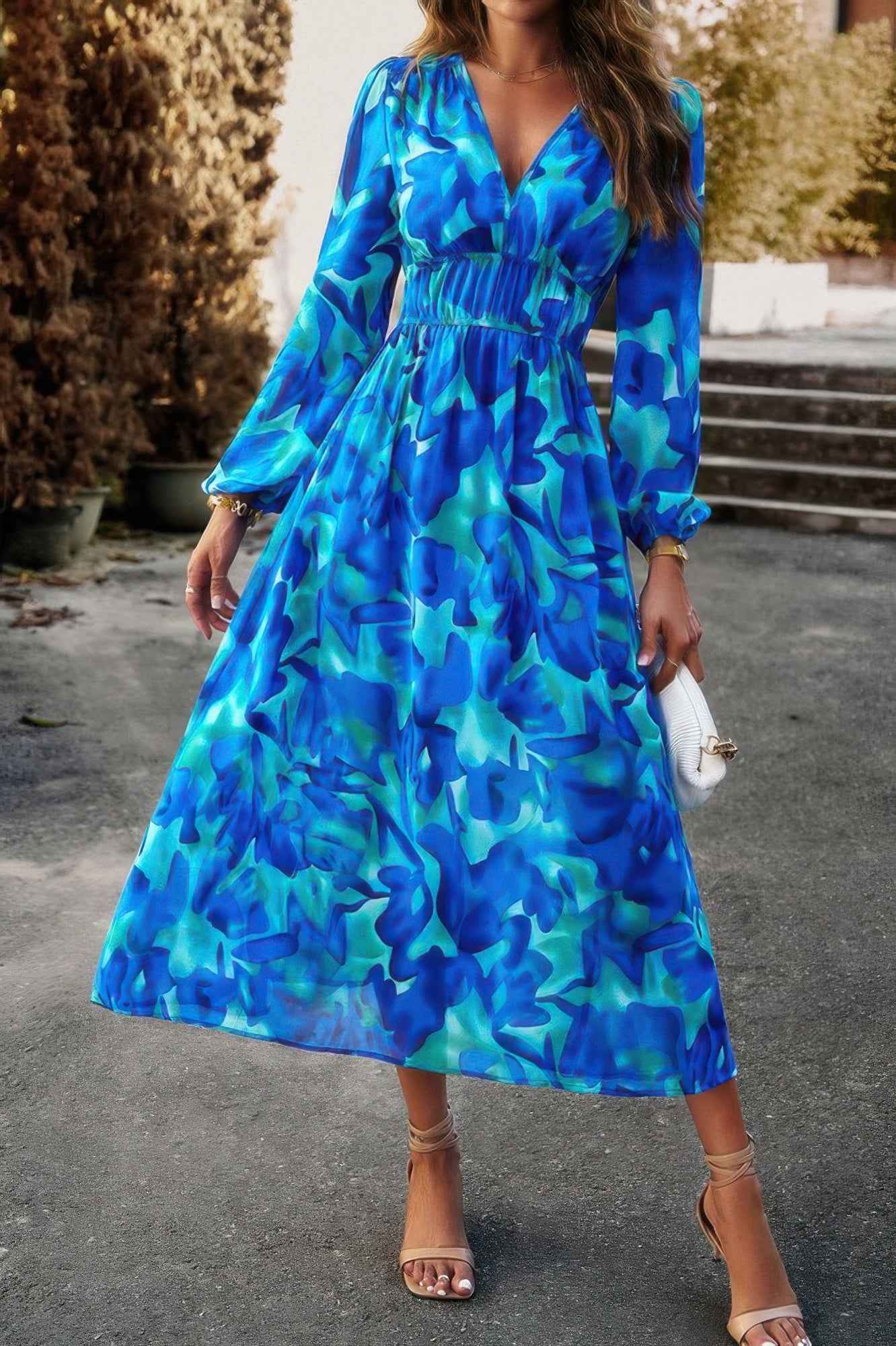 Boho V Neck A Line High Waist Long Sleeve Dress