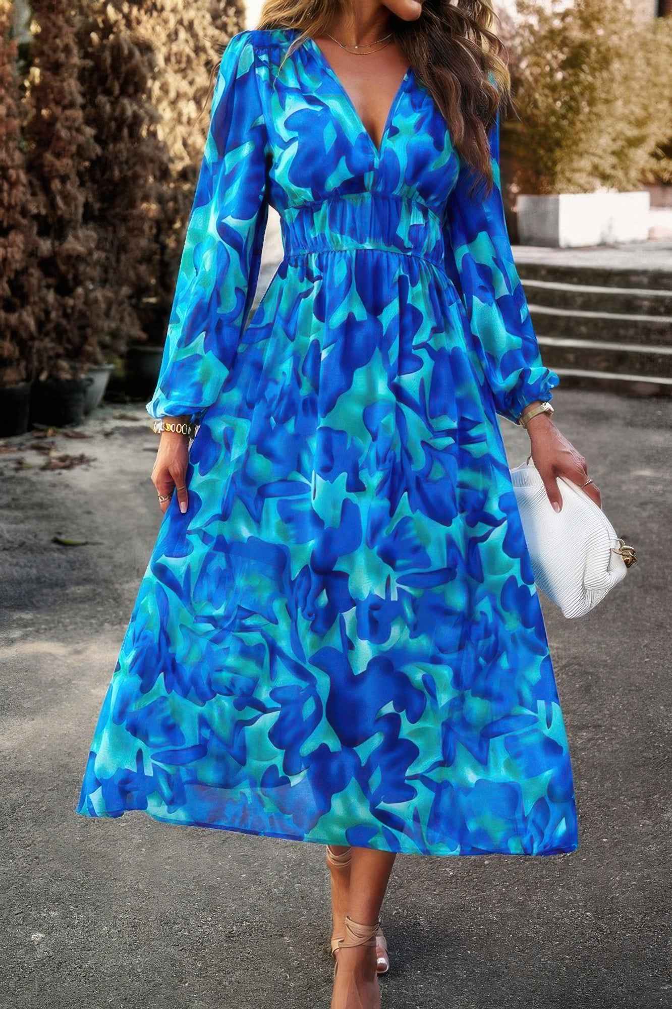 Boho V Neck A Line High Waist Long Sleeve Dress