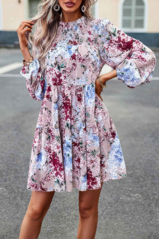 Floral Print Tiered Sleeve Ruffle Hem Smock Dress