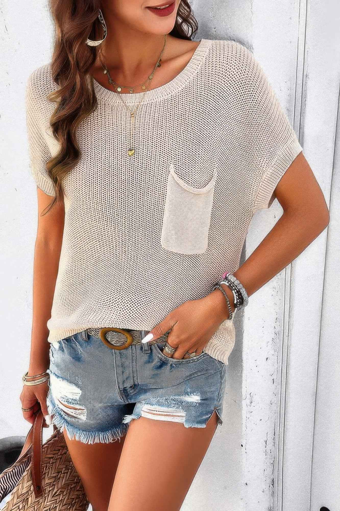 Pocket Knit Round Neck Loose Pullover Sweater