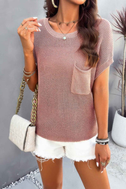 Pocket Knit Round Neck Loose Pullover Sweater