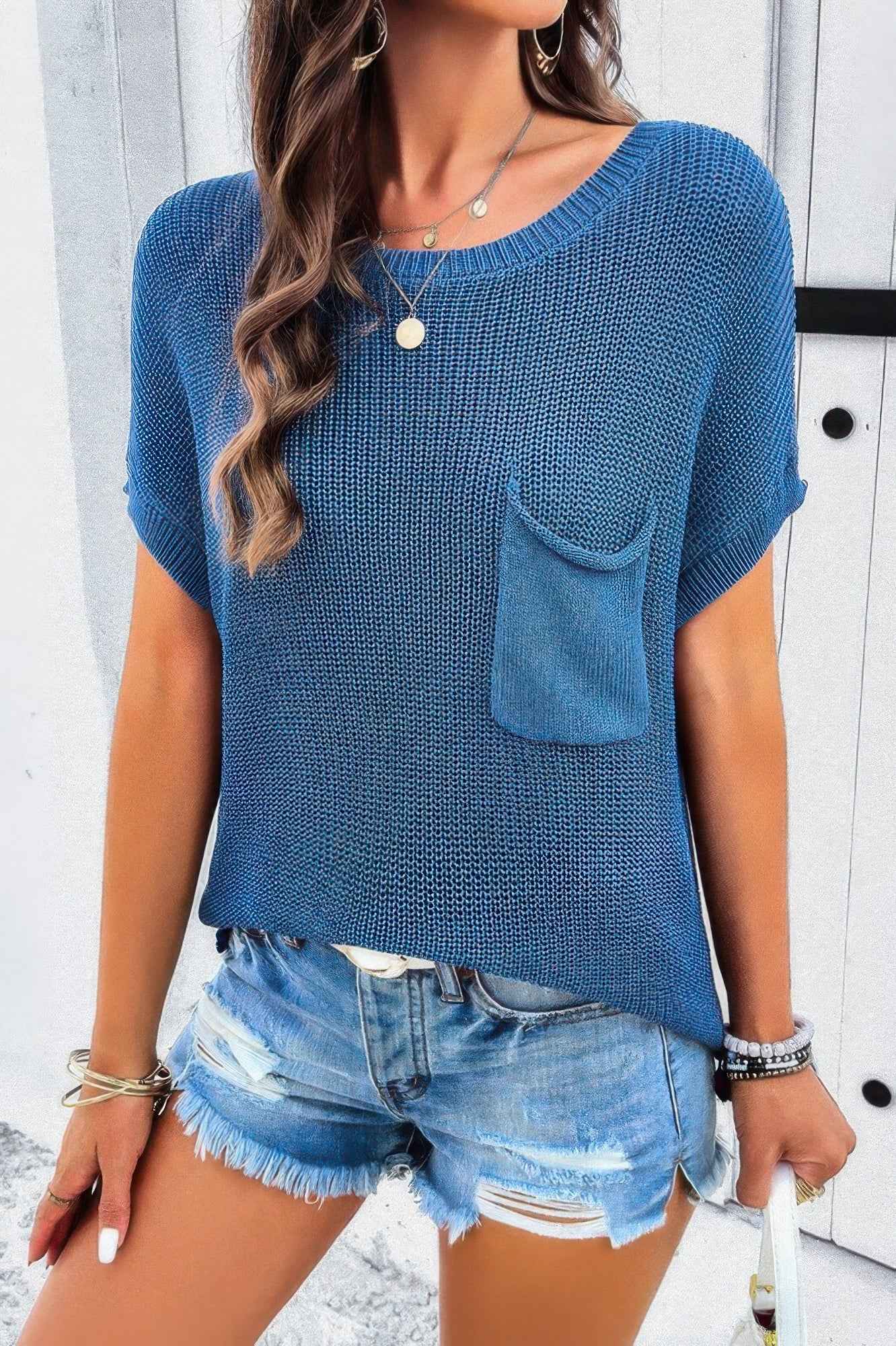 Pocket Knit Round Neck Loose Pullover Sweater