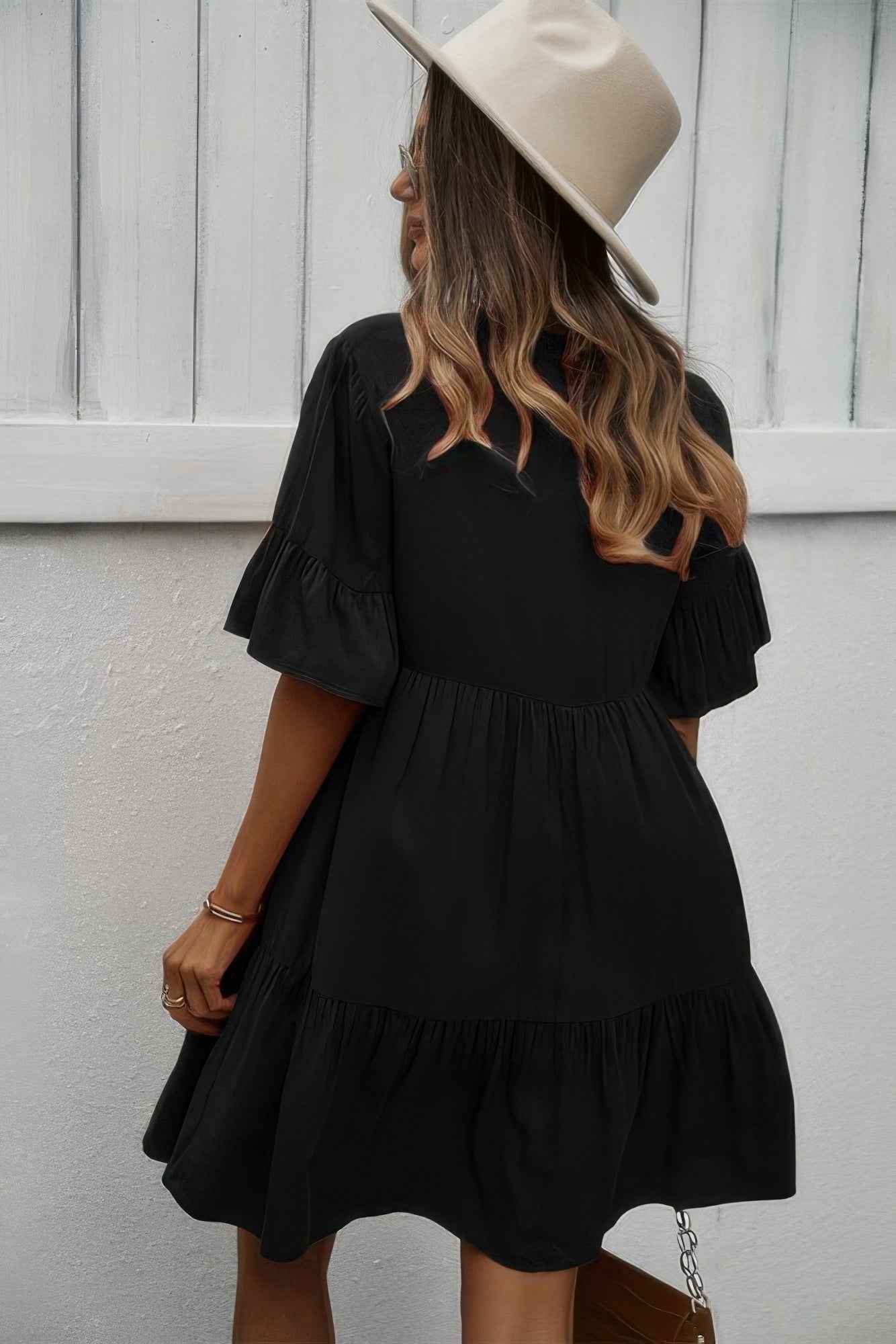 V Neck Button Up Solid Dress