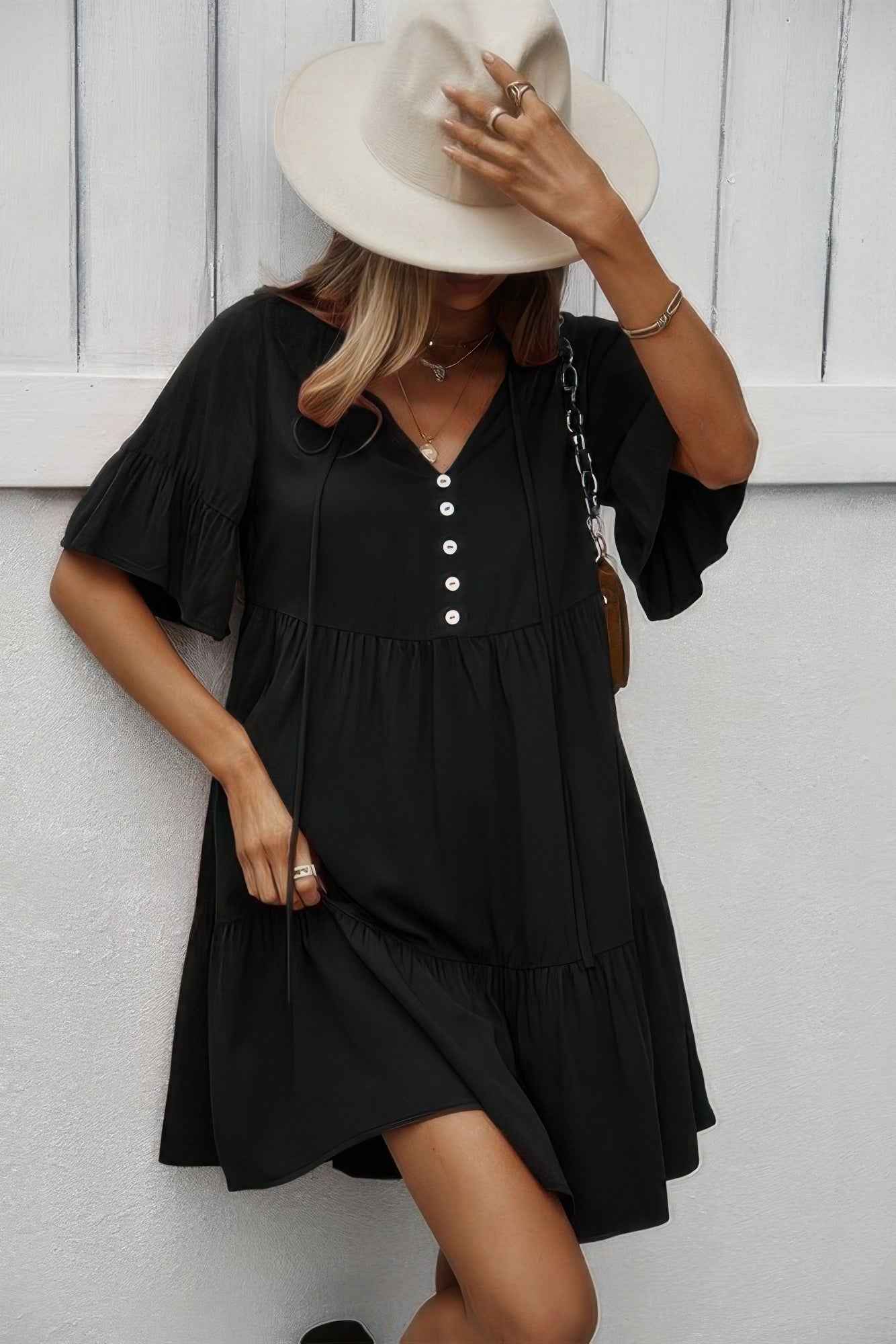 V Neck Button Up Solid Dress