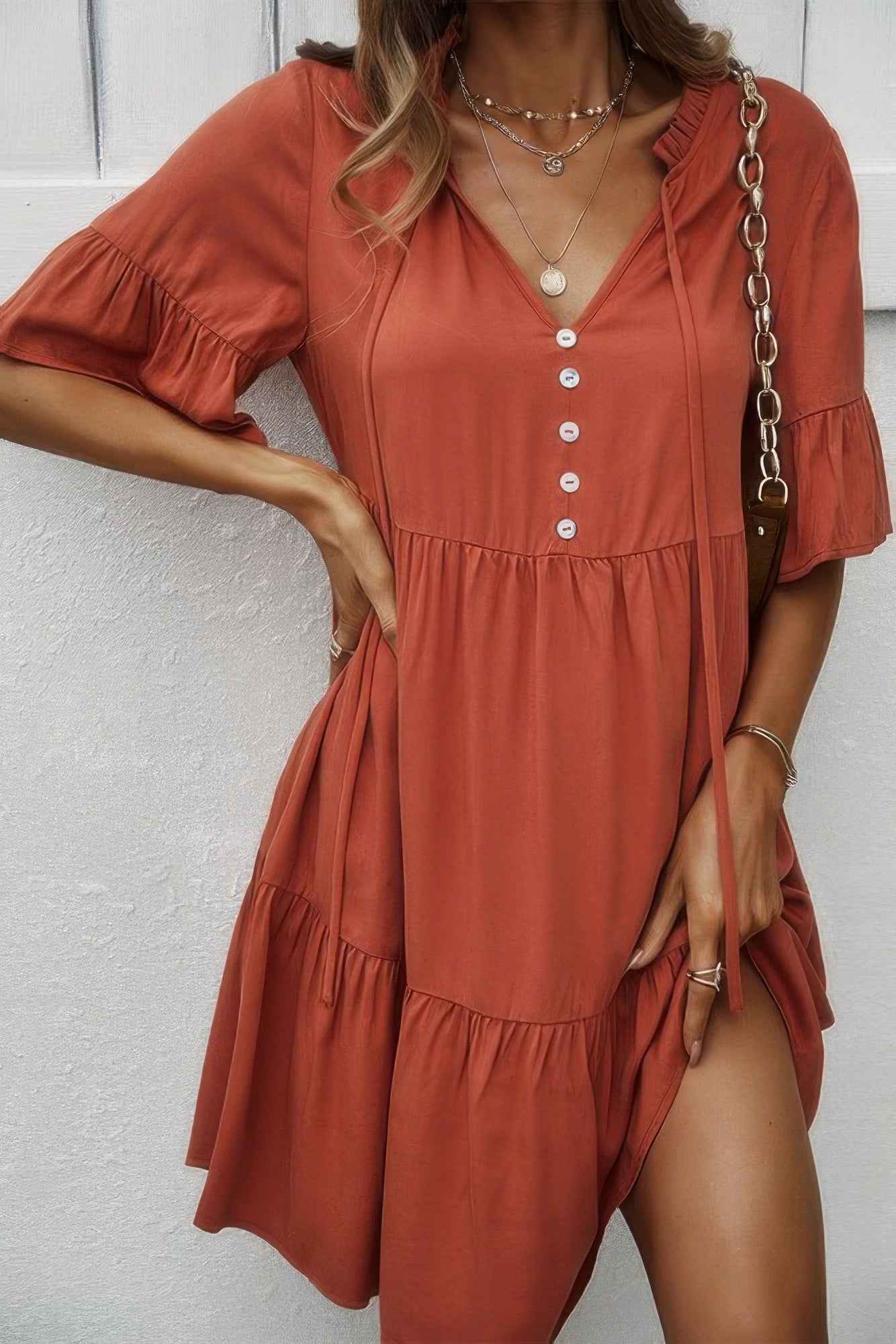 V Neck Button Up Solid Dress