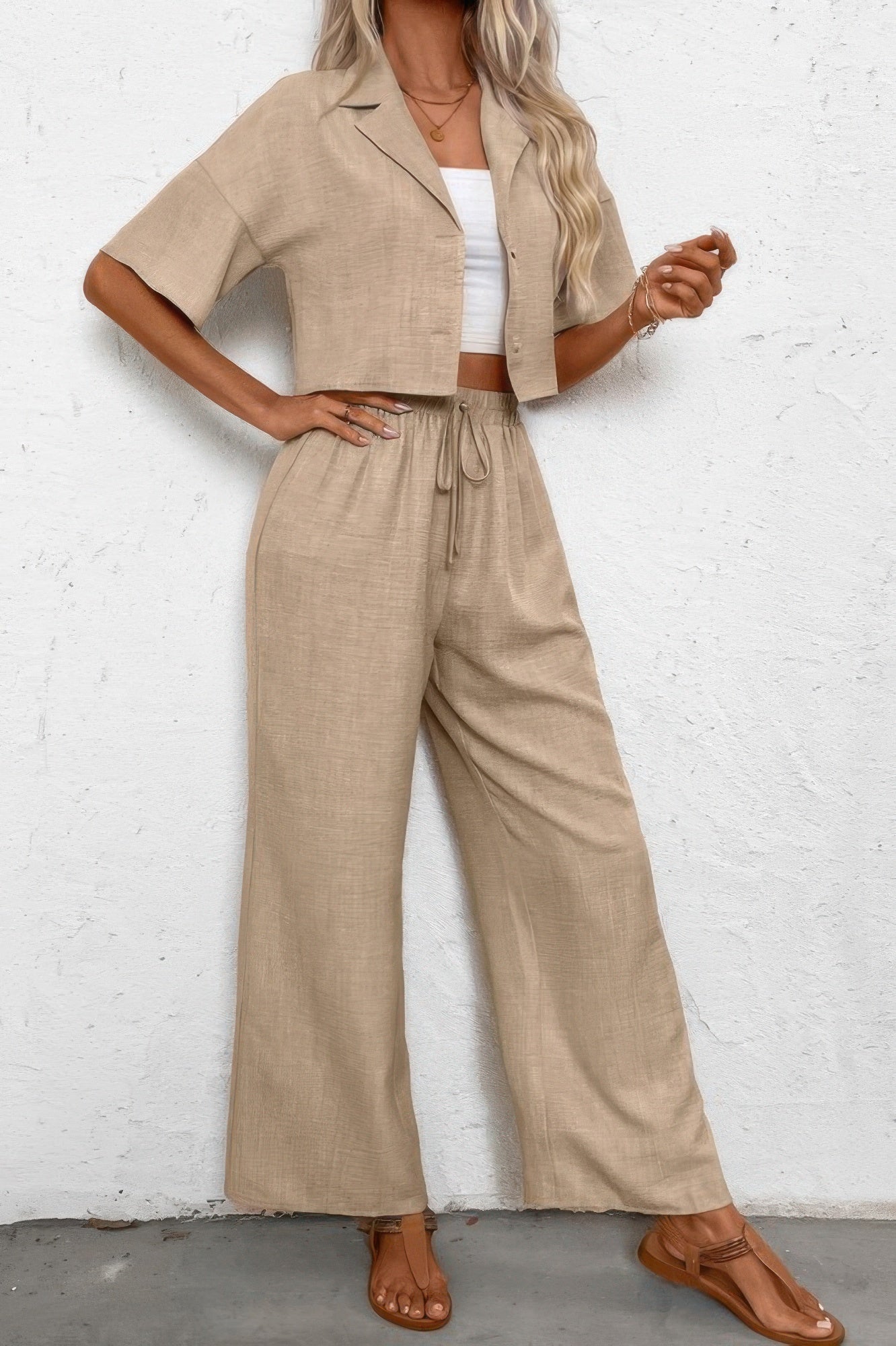 Drop Shoulder Tie Front Wide Leg Pant Set - It's a Girly Place