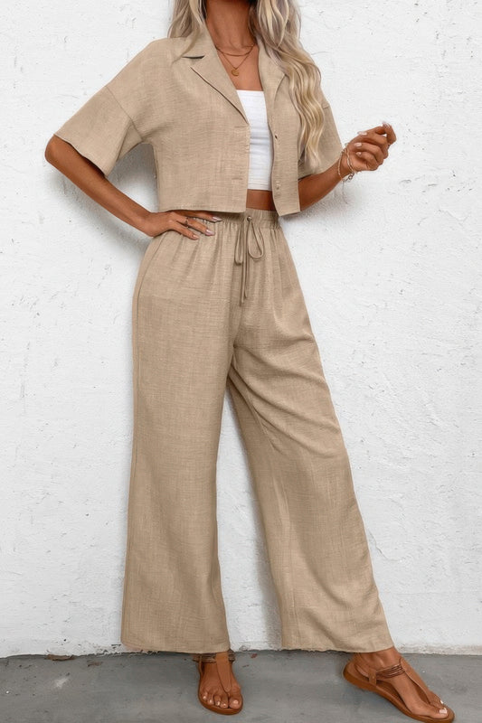 Drop Shoulder Tie Front Wide Leg Pant Set - It's a Girly Place