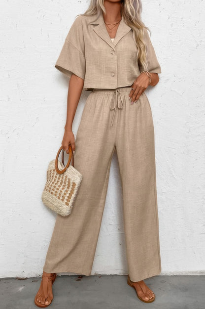 Drop Shoulder Tie Front Wide Leg Pant Set - It's a Girly Place