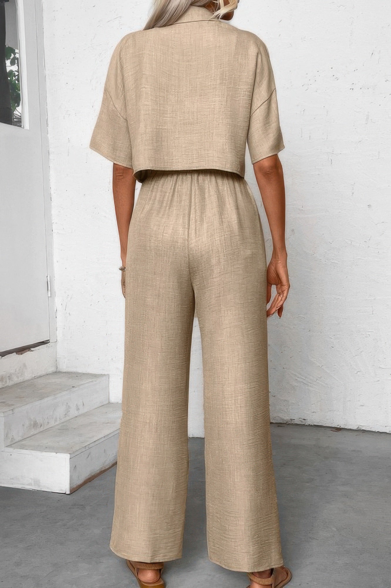 Drop Shoulder Tie Front Wide Leg Pant Set - It's a Girly Place