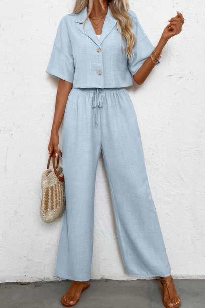 Drop Shoulder Tie Front Wide Leg Pant Set - It's a Girly Place