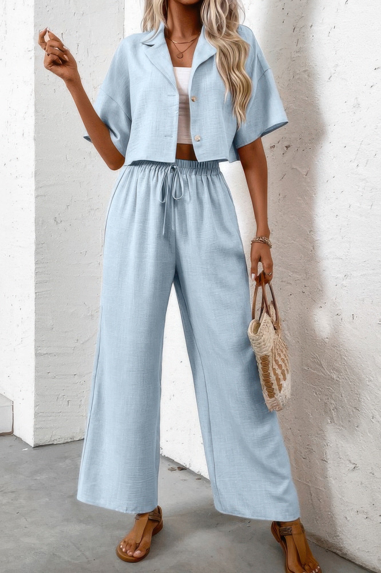 Drop Shoulder Tie Front Wide Leg Pant Set - It's a Girly Place