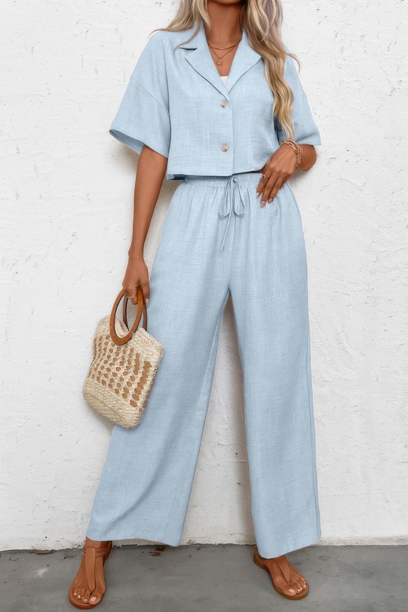 Drop Shoulder Tie Front Wide Leg Pant Set - It's a Girly Place