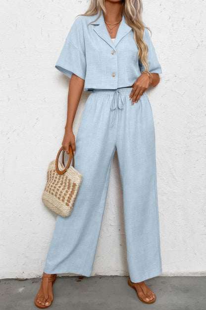 Drop Shoulder Tie Front Wide Leg Pant Set - It's a Girly Place
