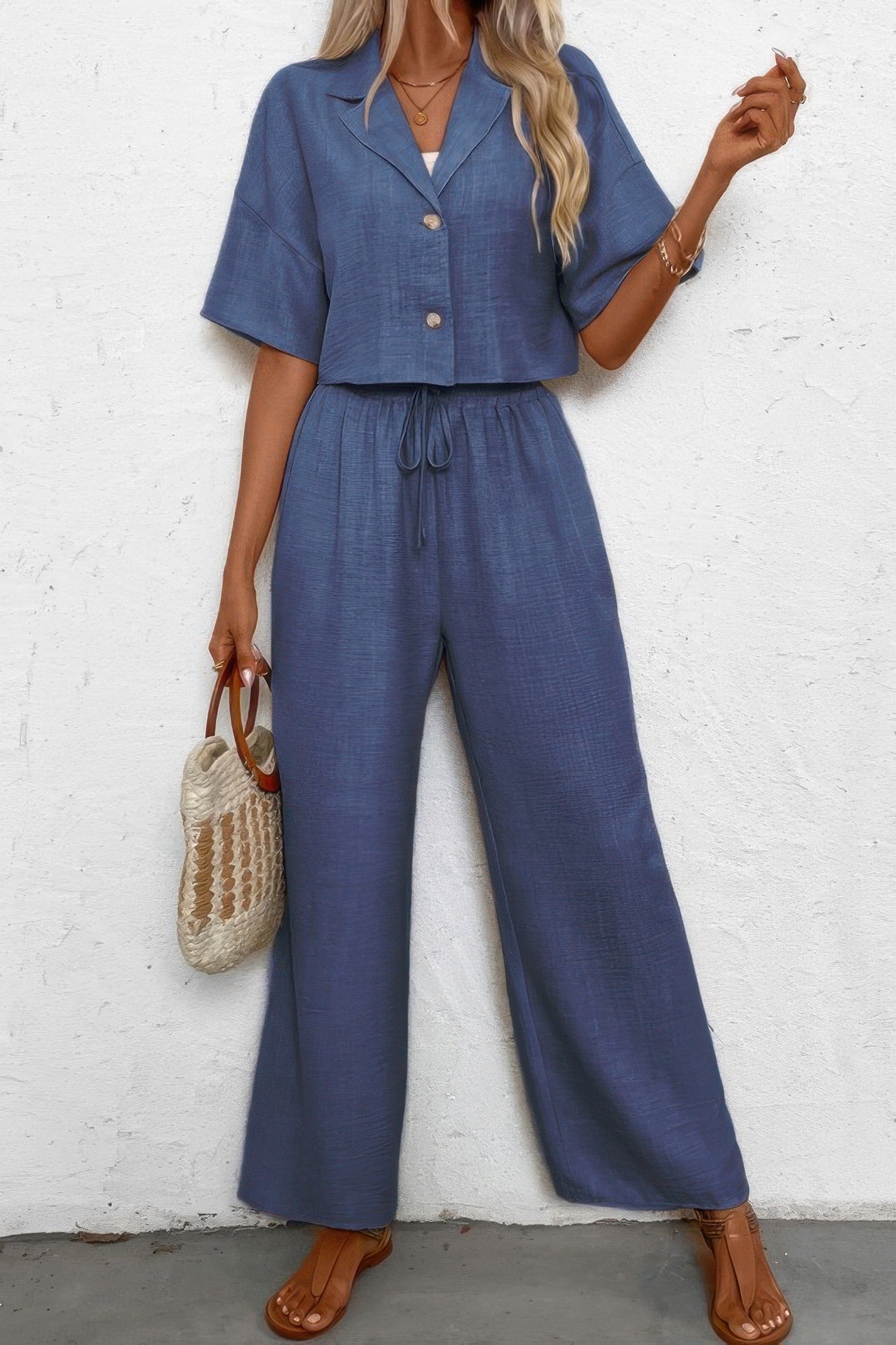 Drop Shoulder Tie Front Wide Leg Pant Set - It's a Girly Place