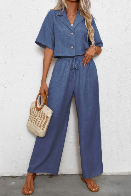 Drop Shoulder Tie Front Wide Leg Pant Set - It's a Girly Place