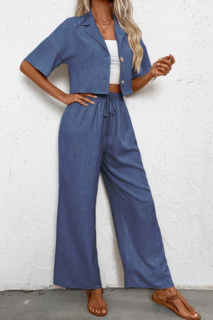 Drop Shoulder Tie Front Wide Leg Pant Set - It's a Girly Place