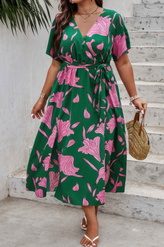 Plus Floral Short Sleeve Split Belted Midi Dress