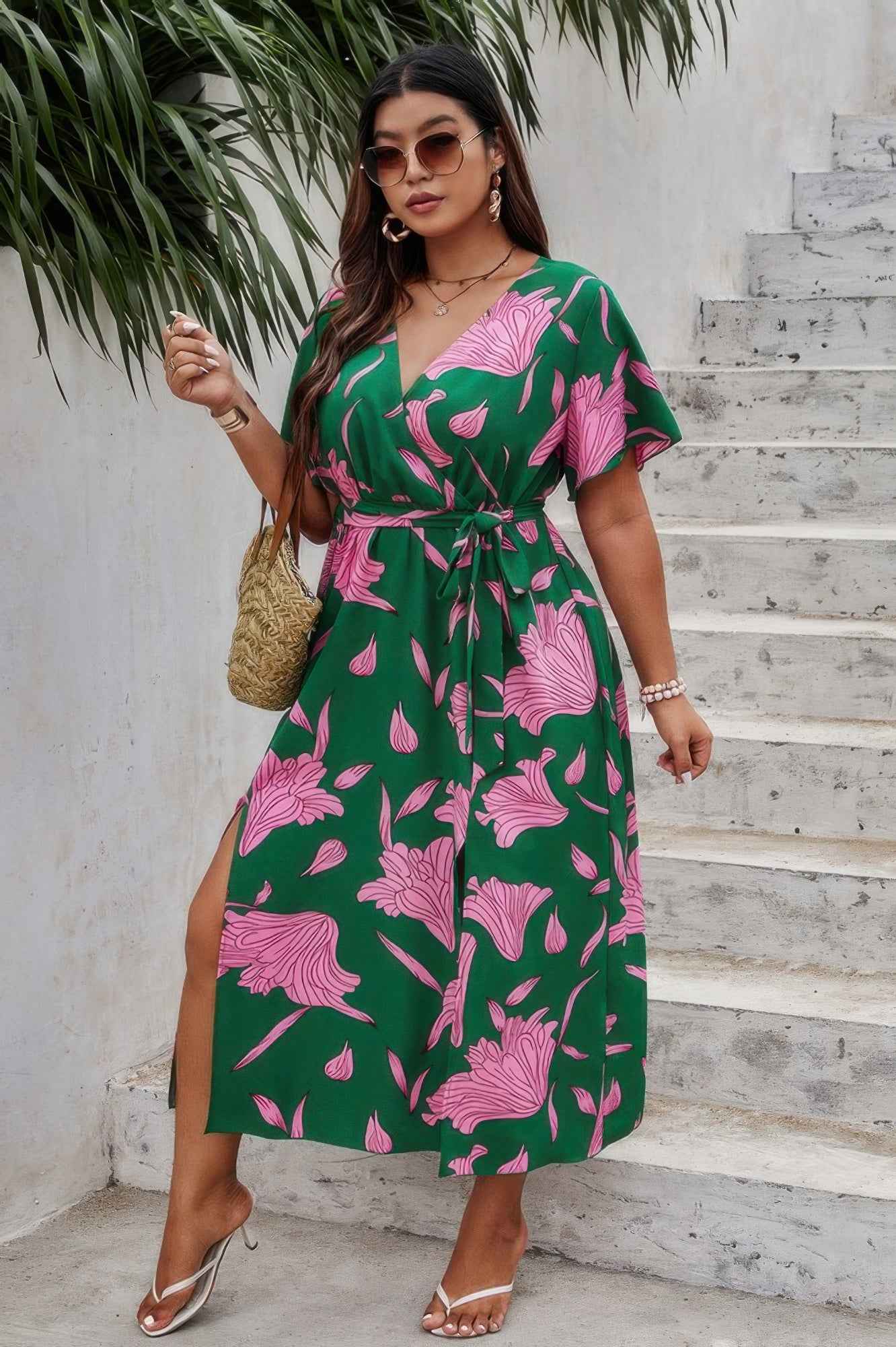 Plus Floral Short Sleeve Split Belted Midi Dress