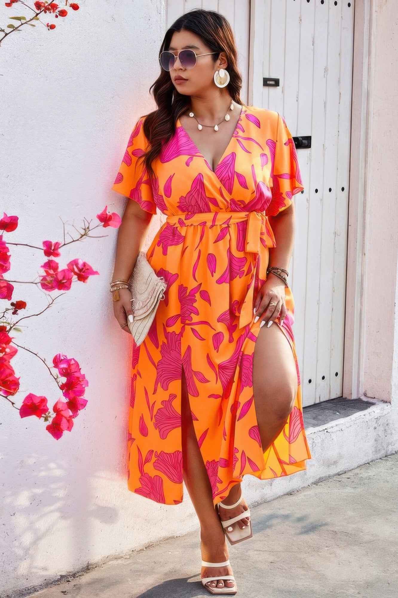 Plus Floral Short Sleeve Split Belted Midi Dress