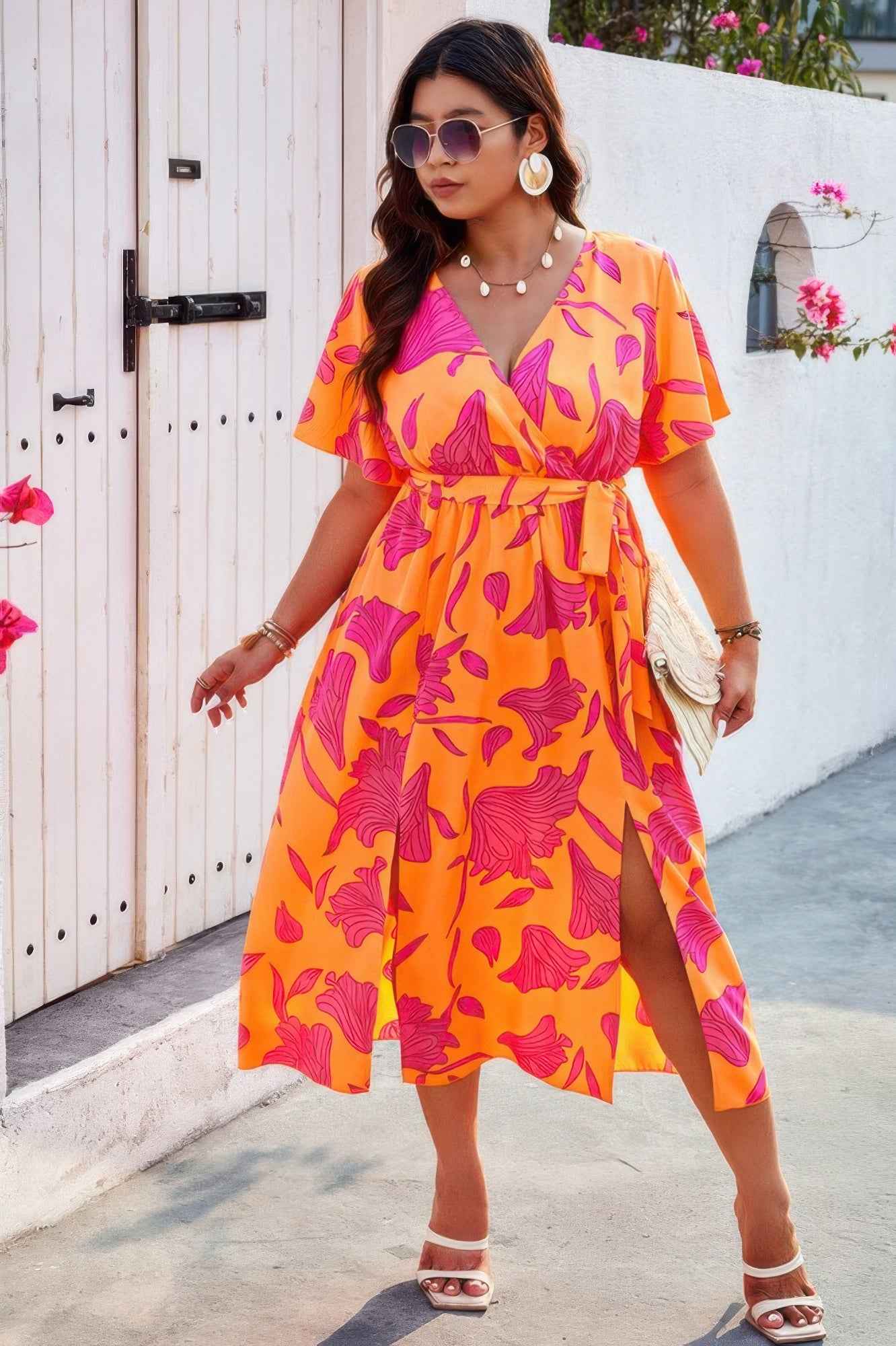 Plus Floral Short Sleeve Split Belted Midi Dress