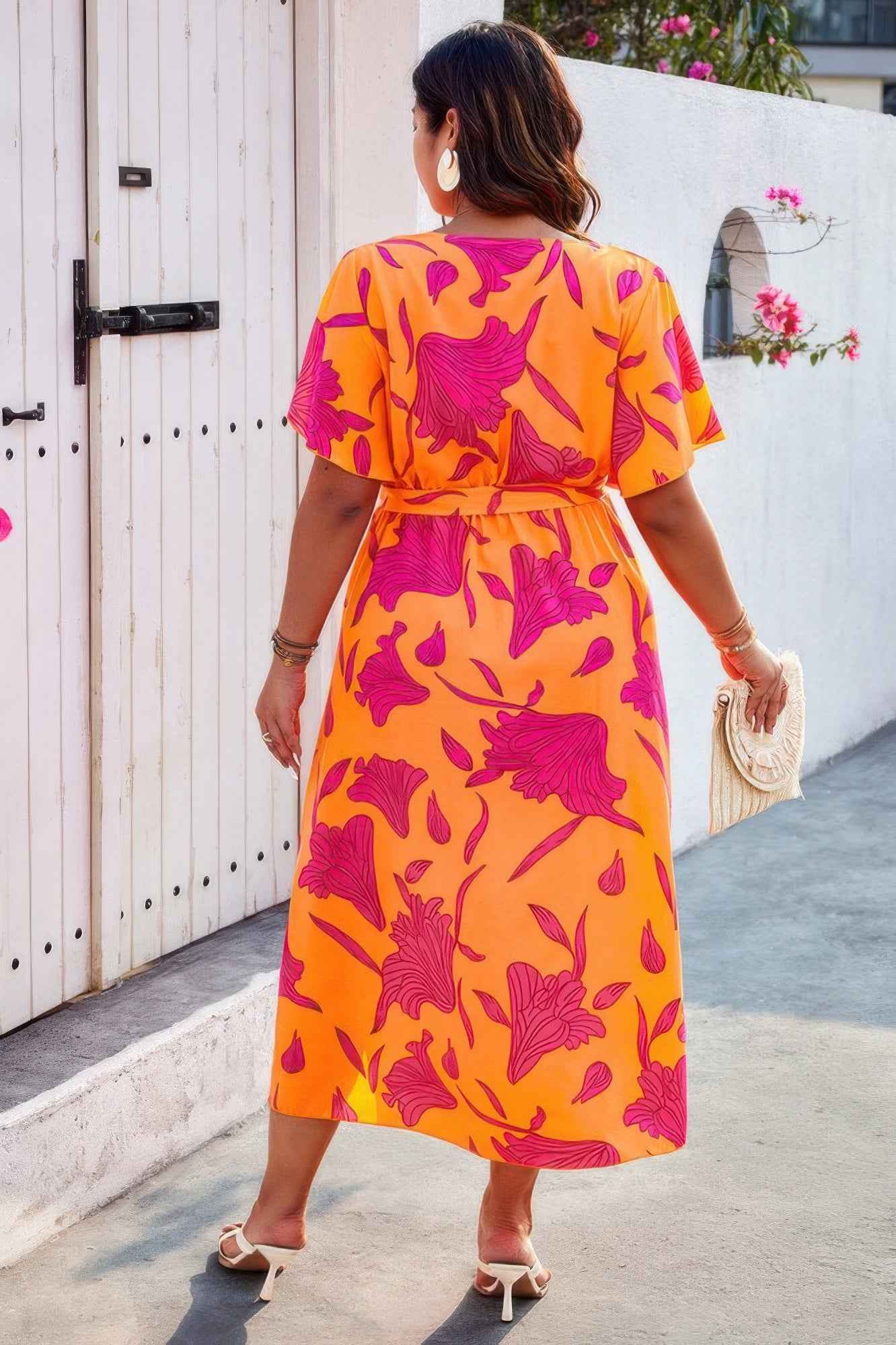 Plus Floral Short Sleeve Split Belted Midi Dress