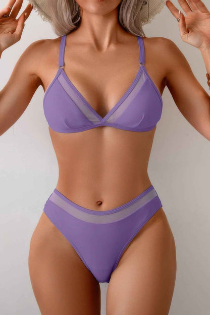 Two Pieces Lace Trim Solid High Cut Bikini