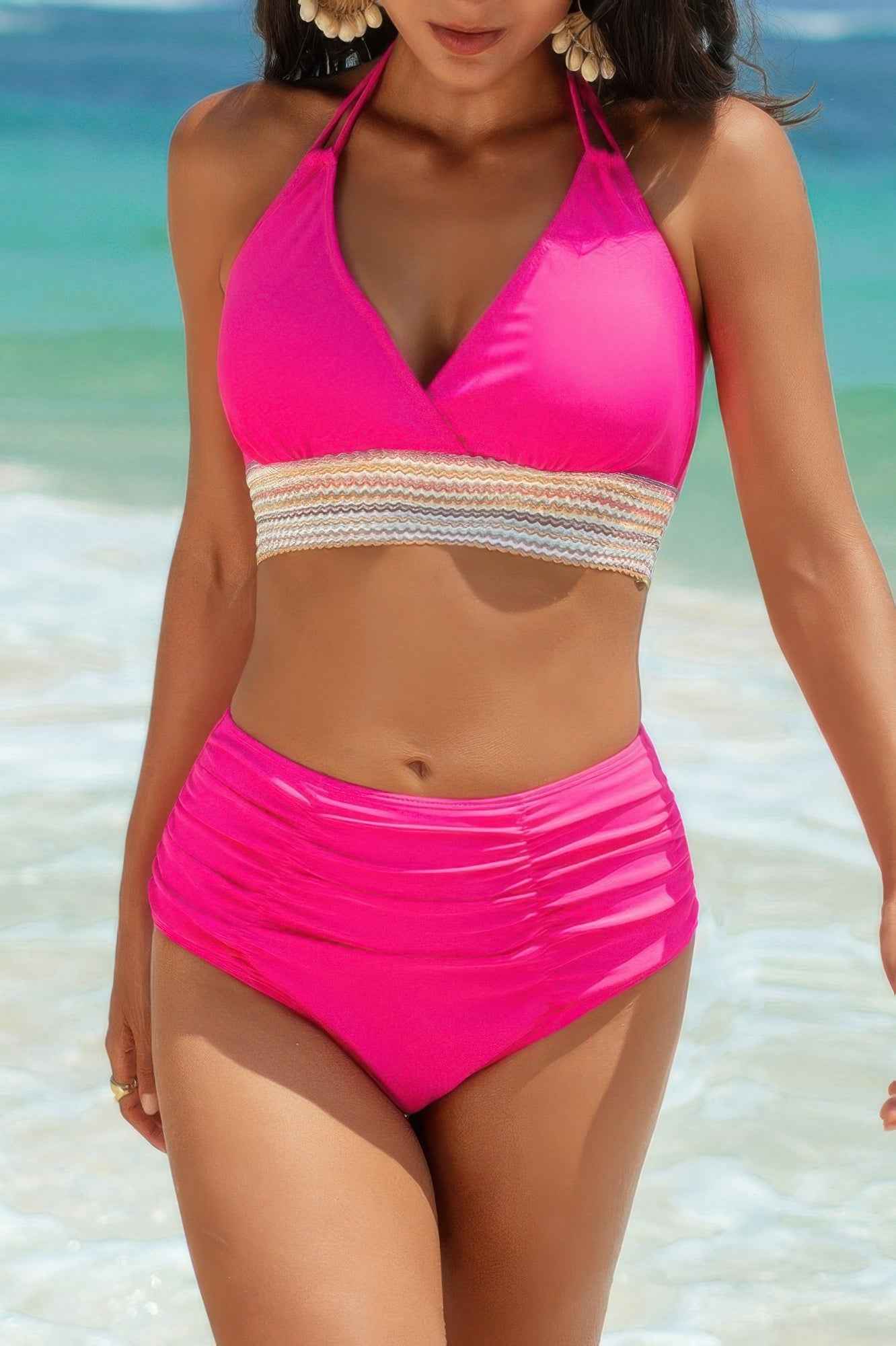 Two Pieces Elastic Band Halter Ruched Bikini