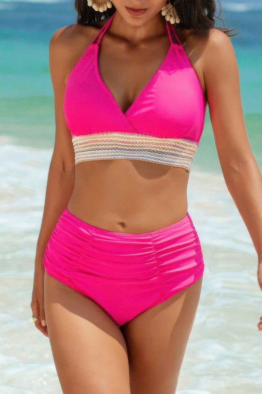 Two Pieces Elastic Band Halter Ruched Bikini