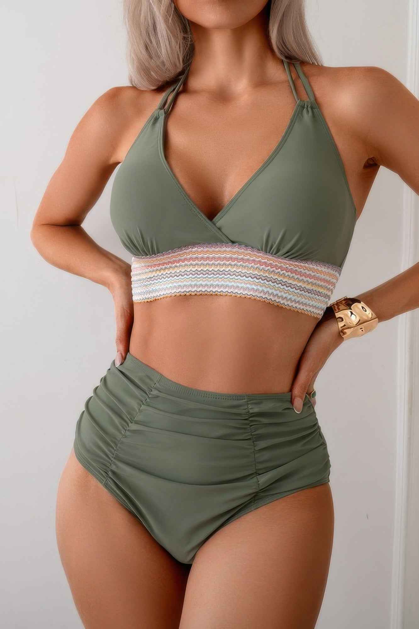 Two Pieces Elastic Band Halter Ruched Bikini